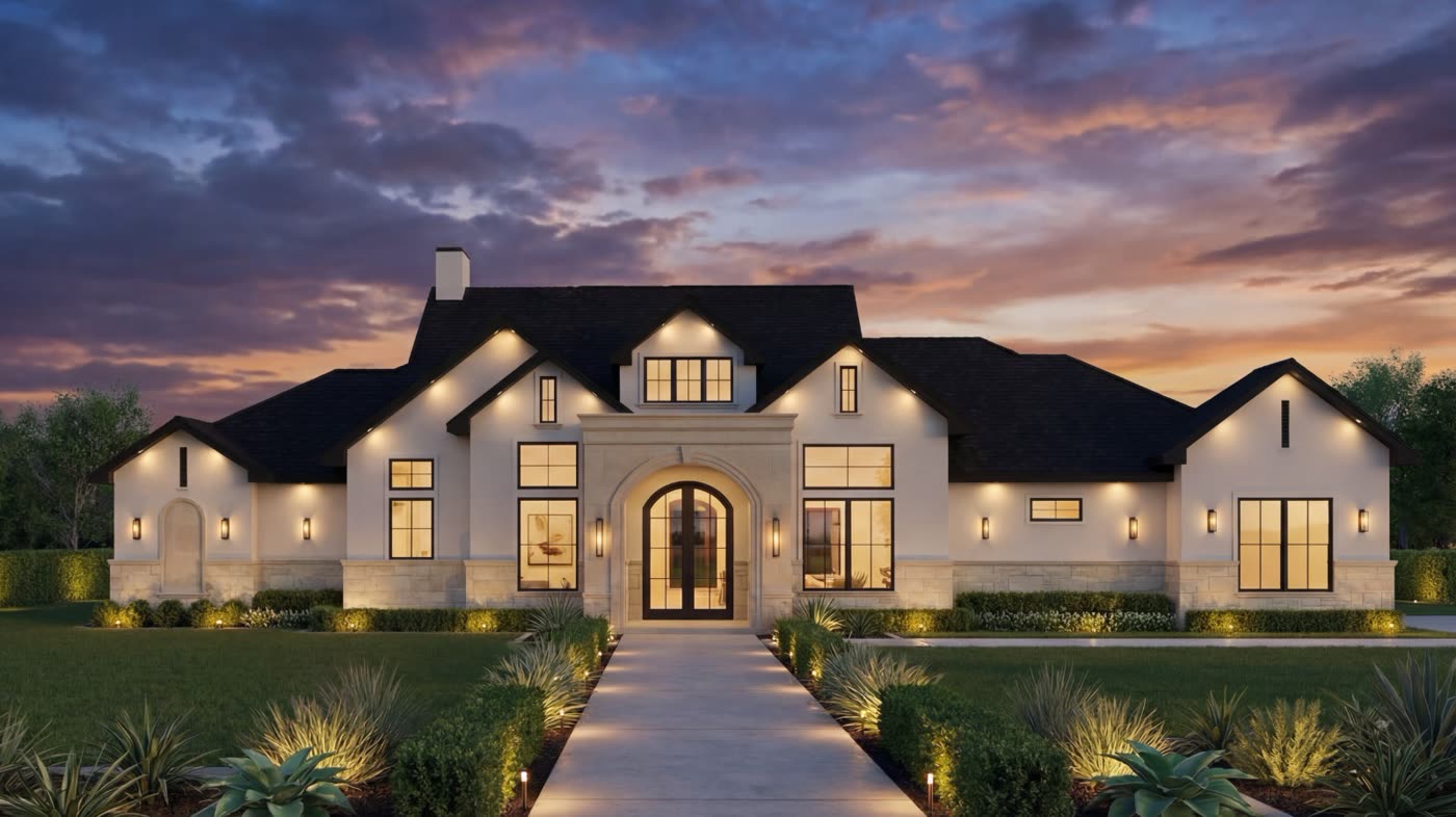 Architectural render &mdash; Kratos custom home exterior elevation, RGV Texas