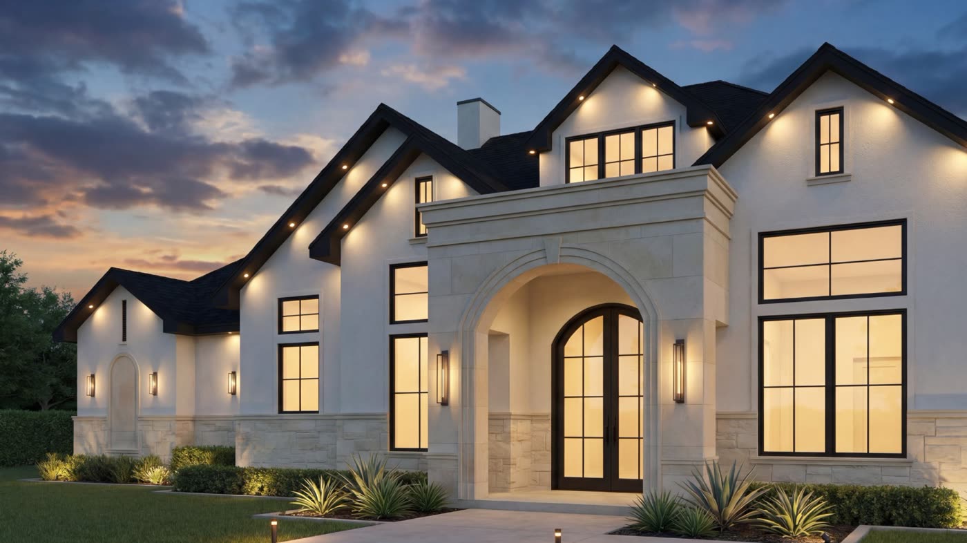 Custom home render &mdash; modern single-story residence by Kratos Construction