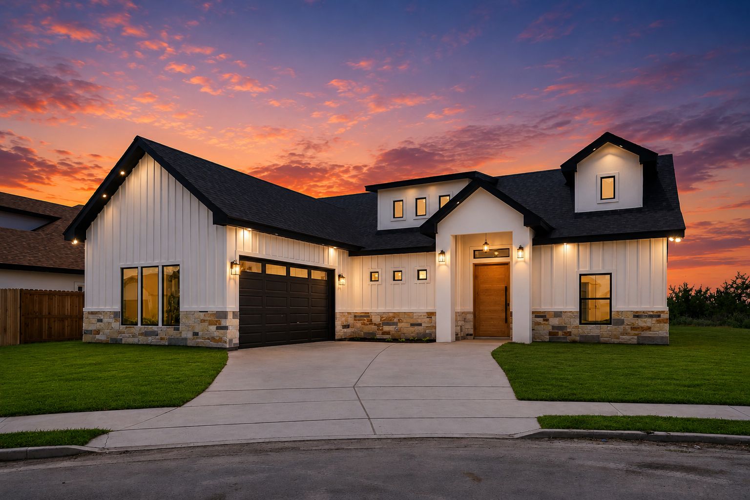 Modern farmhouse at dusk with white board-and-batten siding, stone wainscot and a two-car garage — The Modern Farmhouse, a Kratos Construction custom home