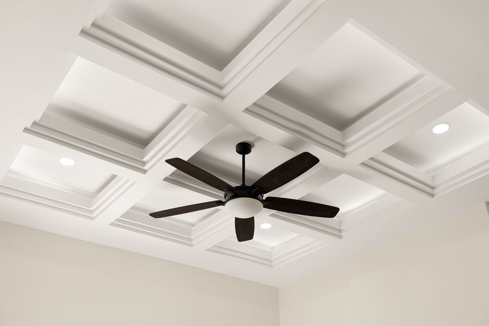 Coffered ceiling with recessed lighting — The Stone Column, a Kratos Construction custom home